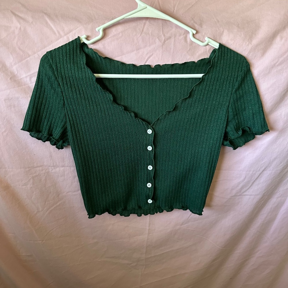 Green sheer button up blouse crop top